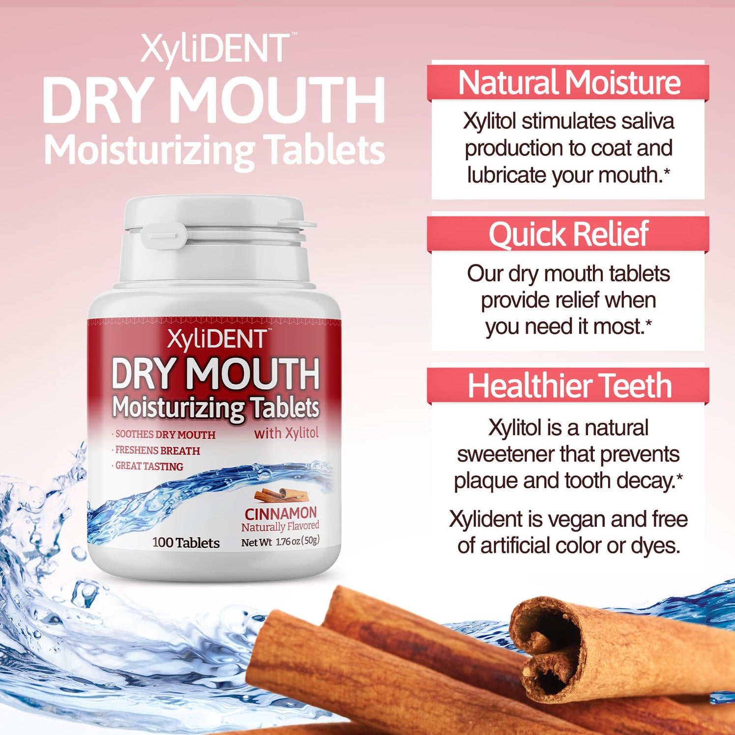 XyliDENT Best Dry Mouth Tablets with Xylitol Cinnamon Flavor 100 CT